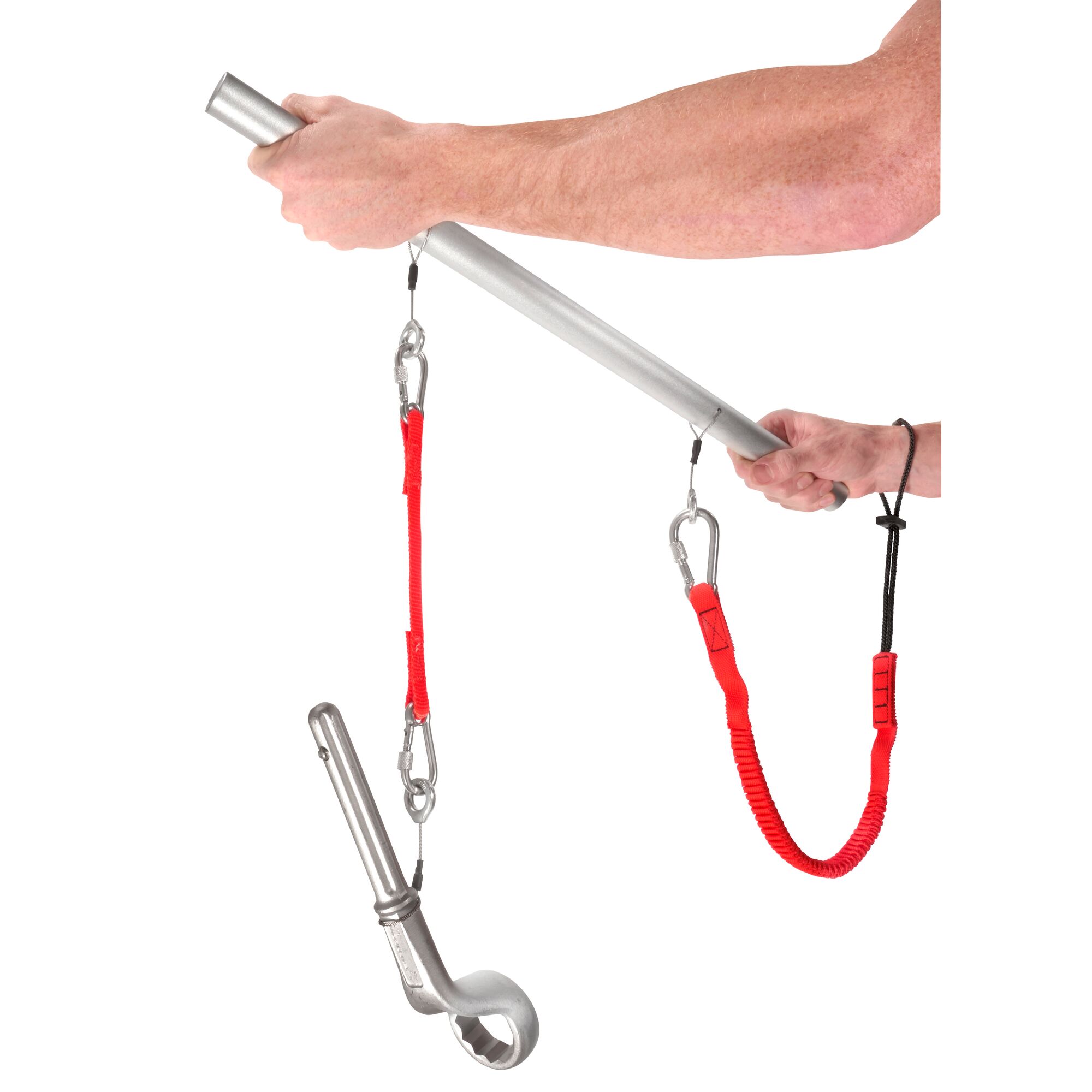Facom 54M1BSLS photography of a silver torque wrench tool with red safety lanyards held by two hands, white background.